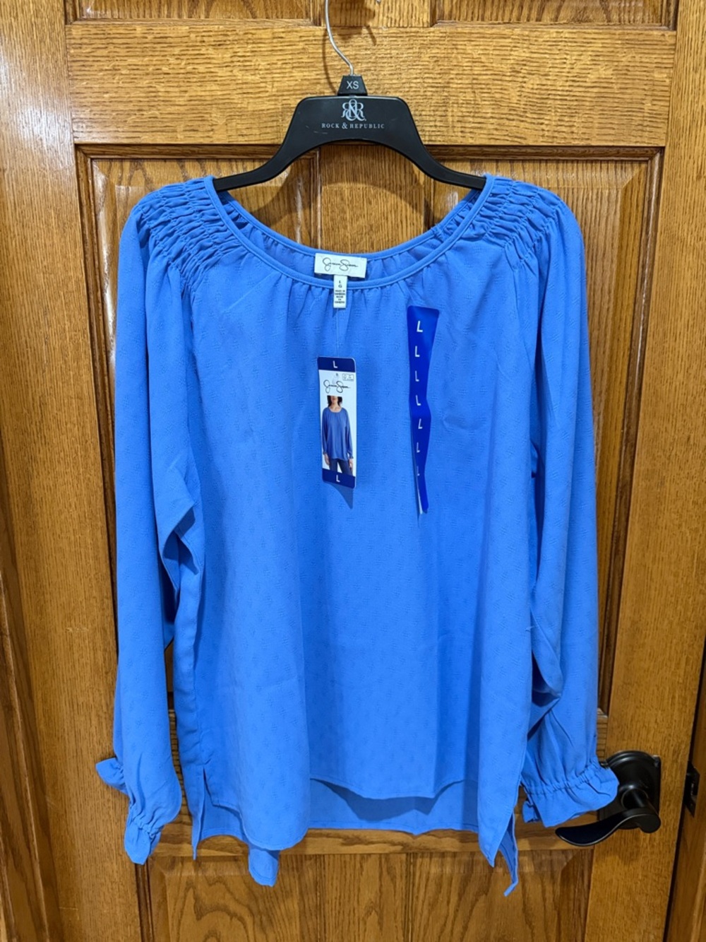 Jessica Simpson Blue Smocked Yoke Long Sleeve Blouse